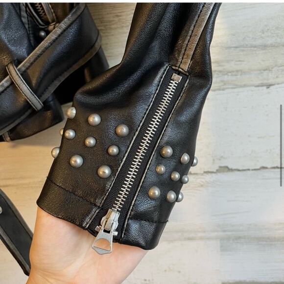 Zara Moto Distressed Faux Leather Studded Jacket with Sweatshirt Hood XS Black - Picture 8 of 16